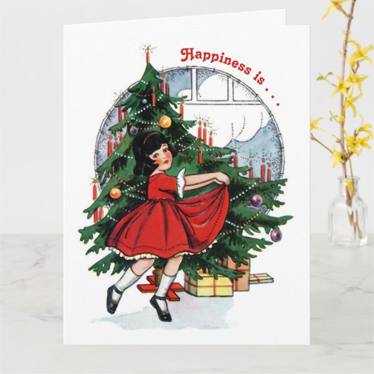 ヴィンテージガール踊りのまわりにザクリスマスツリー カード (黄色い花)