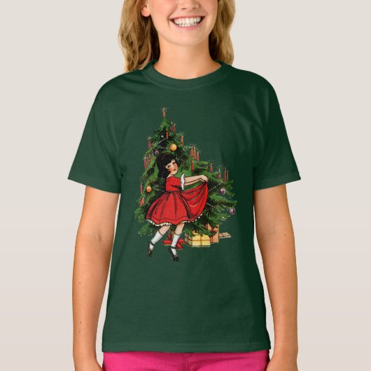 ヴィンテージガール踊りアンダークリスマスツリー Tシャツ (正面)