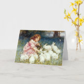 ヴィンテージガール食べ物を与えズバニーラビットイースターカード カード (黄色い花)