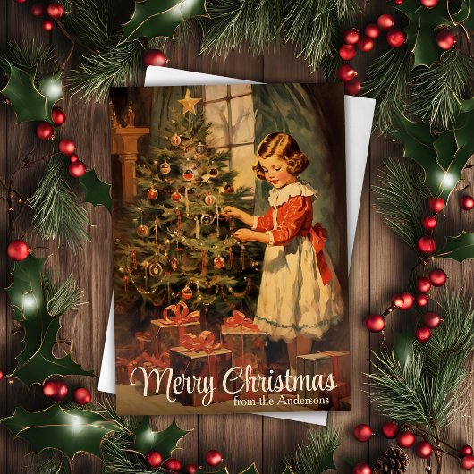 ヴィンテージガール飾ズツリーカスタムクリスマス シーズンカード