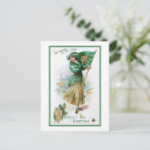 ヴィンテージガール,アイルランド国旗,緑の着用 シーズンポストカード (スタンド正面)