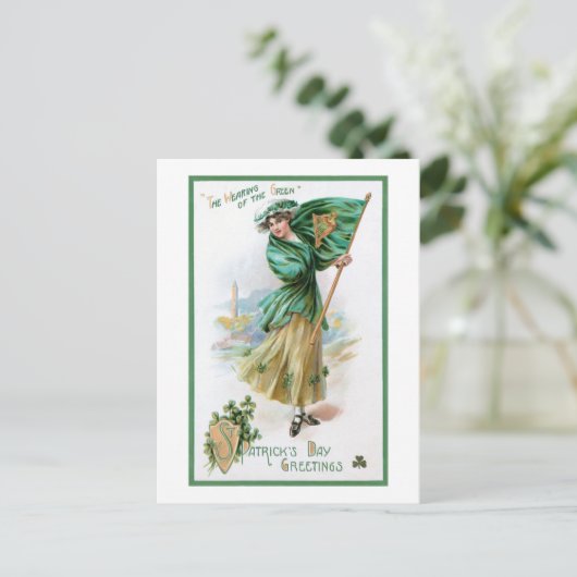 ヴィンテージガール,アイルランド国旗,緑の着用 シーズンポストカード (スタンド正面)