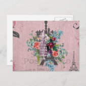 ヴィンテージガール エッフェル塔 おしゃれな赤いバラ パリ ポストカード (正面/裏面)