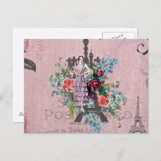 ヴィンテージガール エッフェル塔 おしゃれな赤いバラ パリ ポストカード (正面/裏面)