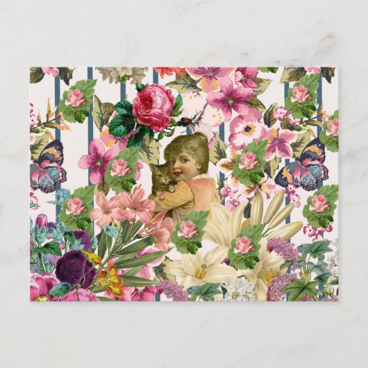 ヴィンテージガール&キャットバラ花ストライプ柄 ポストカード (正面)
