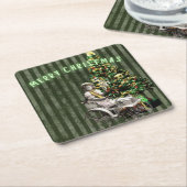 ヴィンテージガール&ツリーホリデーシーン スクエアペーパーコースター (アングル)