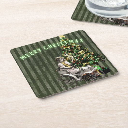 ヴィンテージガール&ツリーホリデーシーン スクエアペーパーコースター (アングル)
