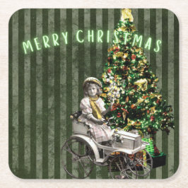 ヴィンテージガール&ツリーホリデーシーン スクエアペーパーコースター