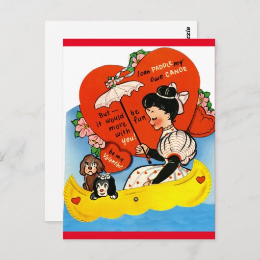ヴィンテージガール&ドッグスインカヌーバレンタインはがき ポストカード (正面/裏面)