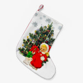 ヴィンテージガール&ホリデーツリー/レトロ スモールクリスマスストッキング (正面 (吊り時))