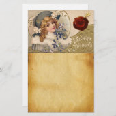 ヴィンテージガール、花、バレンタインキューピッド、赤ワックスシール 便箋 (正面/裏面)