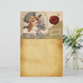 ヴィンテージガール、花、バレンタインキューピッド、赤ワックスシール 便箋 (スタンド正面)