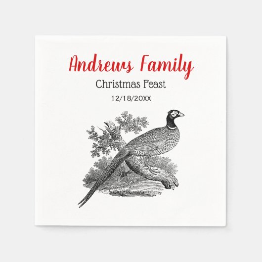 ヴィンテージキジのゲームバードスケッチBWクリスマス スタンダードカクテルナプキン (正面)