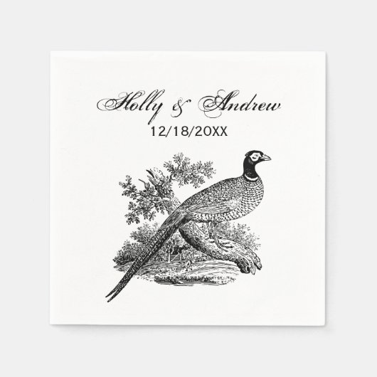 ヴィンテージキジの枝に木のスケッチ#2 スタンダードカクテルナプキン (正面)