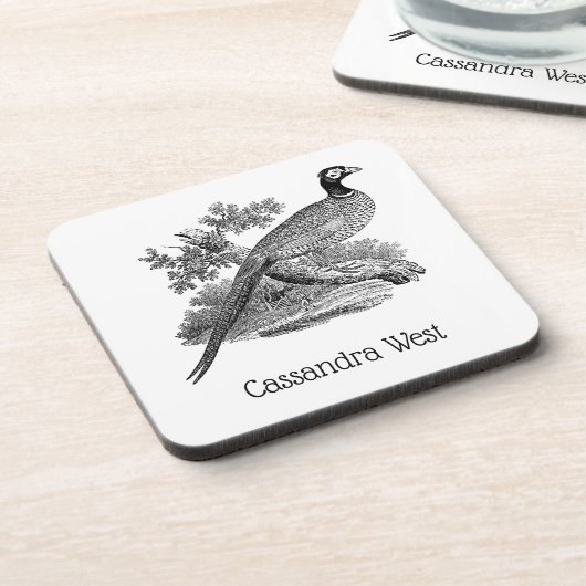 ヴィンテージキジ遊び鳥スケッチBW コースター (左側)