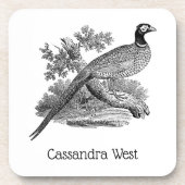 ヴィンテージキジ遊び鳥スケッチBW コースター (正面)