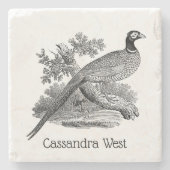 ヴィンテージキジ遊び鳥スケッチBW ストーンコースター (正面)