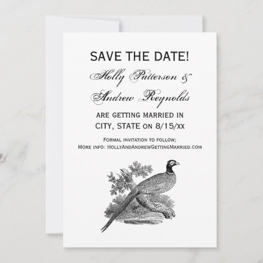 ヴィンテージキジ遊び鳥スケッチBW セーブザデート (正面)