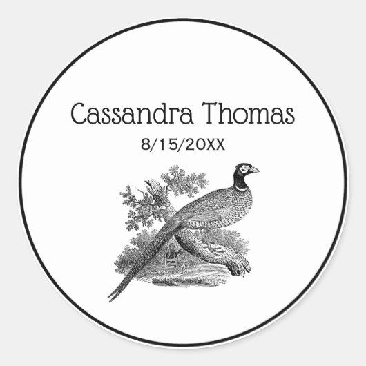 ヴィンテージキジ遊び鳥スケッチBW ラウンドシール (正面)