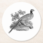 ヴィンテージキジ遊び鳥スケッチBW ラウンドペーパーコースター (正面)