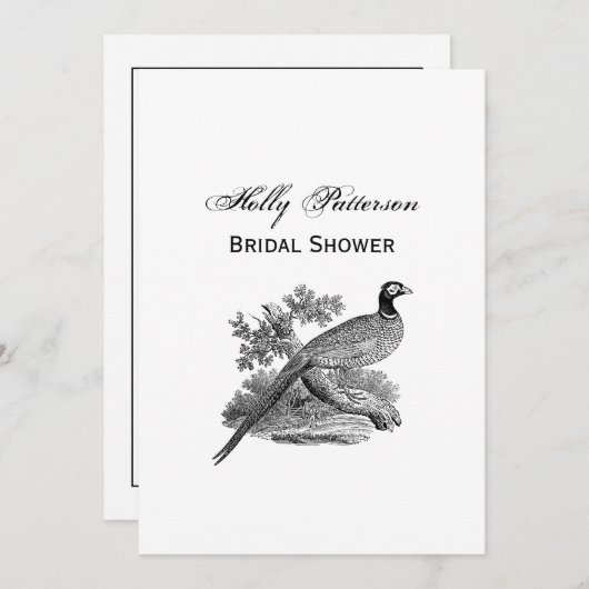 ヴィンテージキジ遊び鳥スケッチBW 招待状 (正面/裏面)