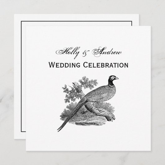 ヴィンテージキジ遊び鳥スケッチBW 招待状 (正面/裏面)