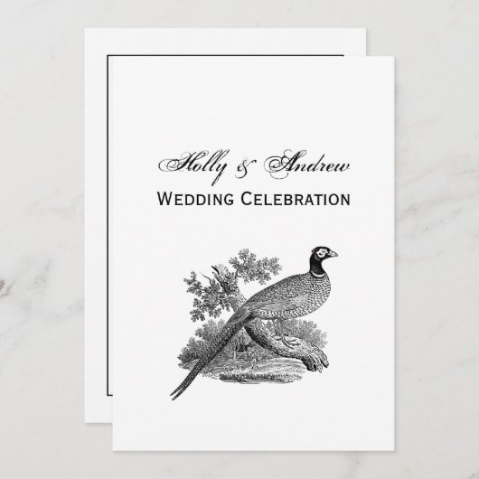 ヴィンテージキジ遊び鳥スケッチBW 招待状 (正面/裏面)