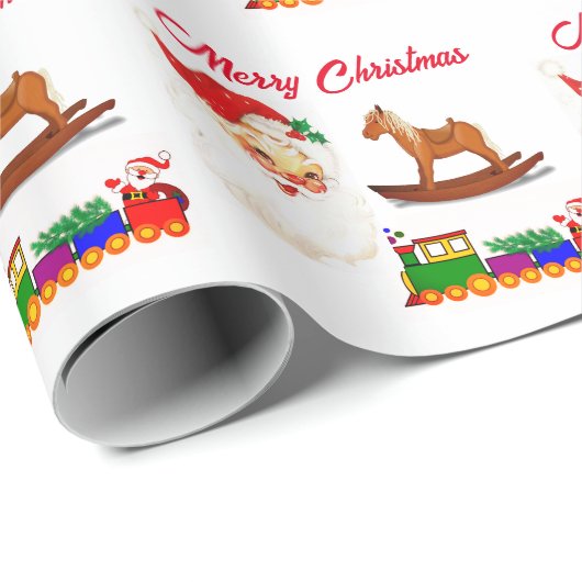 ヴィンテージキッズサンタクロース列車とロッキングホース ラッピングペーパー (ロールコーナー)