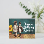 ヴィンテージキッズ&ひまわりパーソナライズされた誕生日 ポストカード (スタンド正面)