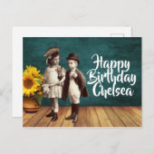 ヴィンテージキッズ&ひまわりパーソナライズされた誕生日 ポストカード (正面/裏面)