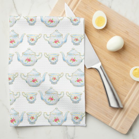 ヴィンテージキッチティーポットとティーカップパターン キッチンタオル (四つ折り)