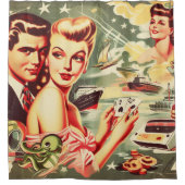 ヴィンテージキッチュイラストレーション シャワーカーテン (正面)