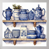 ヴィンテージキッチンシェルフブルーホワイトディッシュ茶コーヒー ポスター (正面)