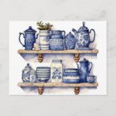 ヴィンテージキッチンシェルフブルーホワイトディッシュ茶コーヒー ポストカード (正面)