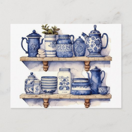 ヴィンテージキッチンシェルフブルーホワイトディッシュ茶コーヒー ポストカード (正面)