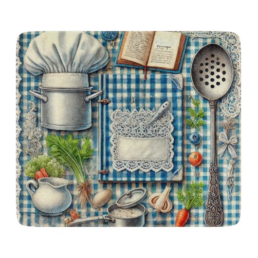 ヴィンテージキッチン用品オンブルーテーブルクロス カッティングボード (正面)