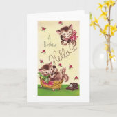 ヴィンテージキッテン誕生日グリーティングカード カード (黄色い花)