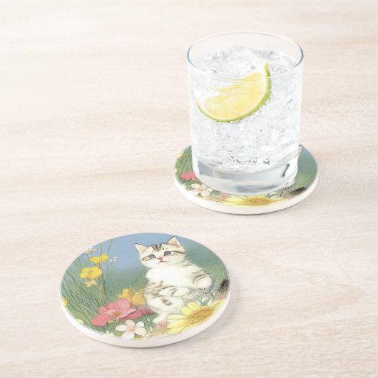 ヴィンテージキットンイラストレーションと黄色い花 コースター (側面)