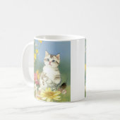 ヴィンテージキットンイラストレーションと黄色い花 コーヒーマグカップ (正面左)