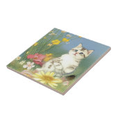 ヴィンテージキットンイラストレーションと黄色い花 タイル (側面)