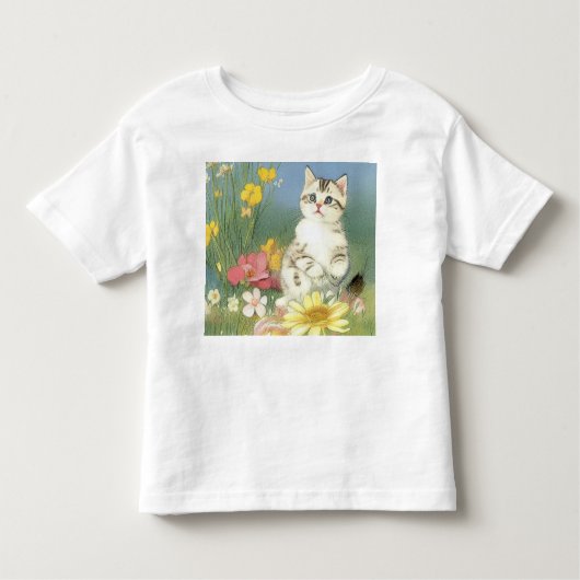 ヴィンテージキットンイラストレーションと黄色い花 トドラーTシャツ (正面)
