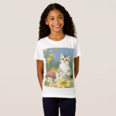 ヴィンテージキットンイラストレーションと黄色い花 Tシャツ (正面フル)