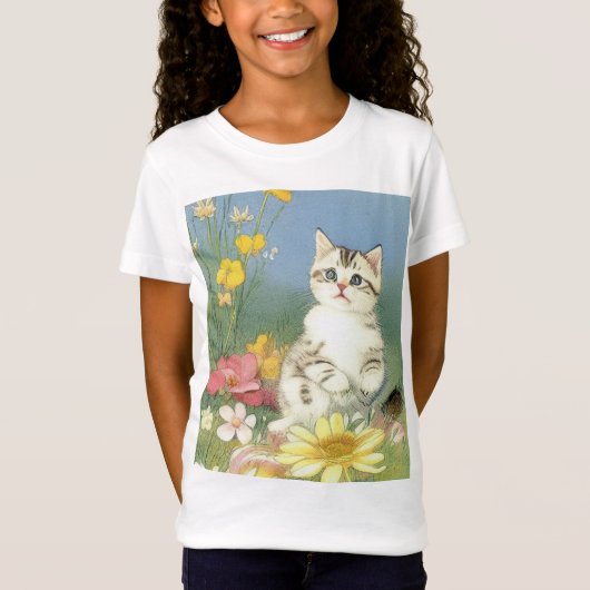 ヴィンテージキットンイラストレーションと黄色い花 Tシャツ (正面)
