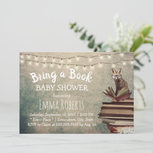ヴィンテージキツネが本を持ってきて赤ちゃんシャワー 招待状 (スタンド正面)
