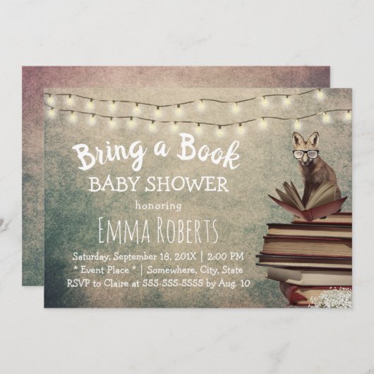ヴィンテージキツネが本を持ってきて赤ちゃんシャワー 招待状 (正面/裏面)