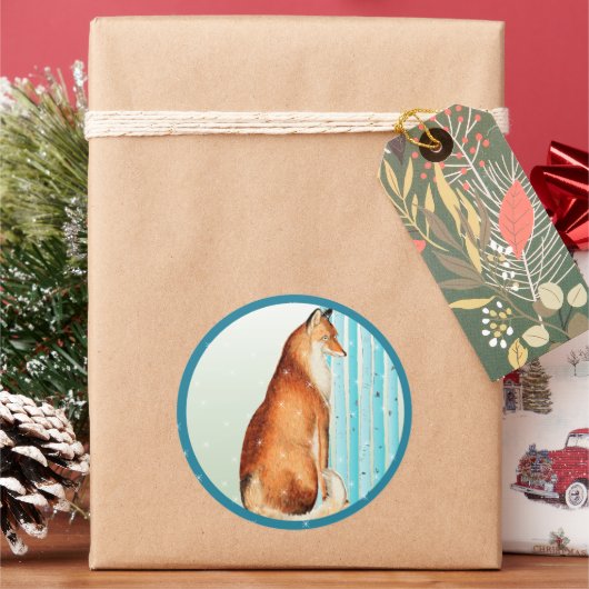 ヴィンテージキツネアクア樺の木ツリースノーフレークホリデーシール ラウンドシール (クリスマス)