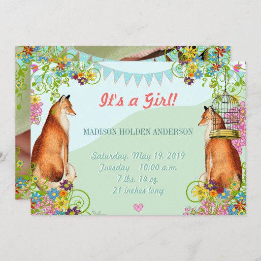 ヴィンテージキツネバンティンガーデンベビーガールアナウンス 案内状 (正面/裏面)