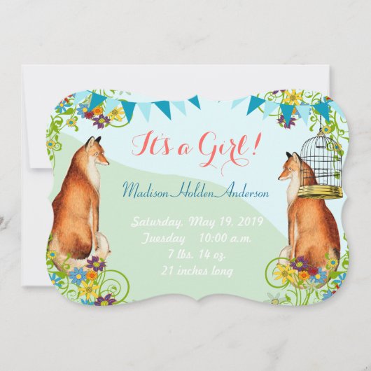 ヴィンテージキツネバンティンガーデンベビーガールアナウンス 案内状 (正面)