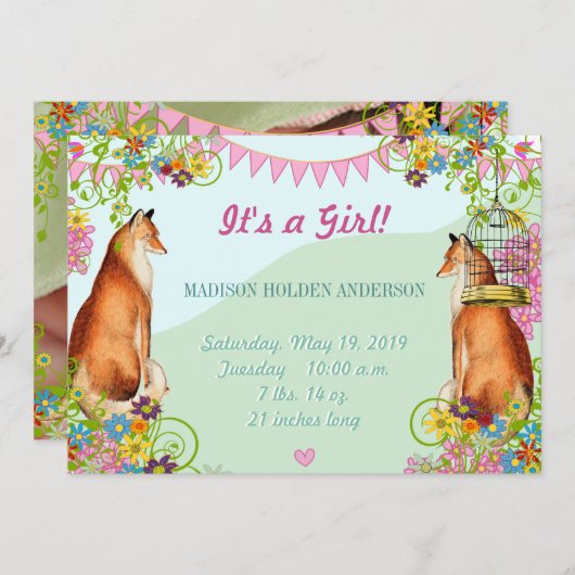 ヴィンテージキツネバンティンガーデンベビーガールアナウンス 案内状 (正面/裏面)