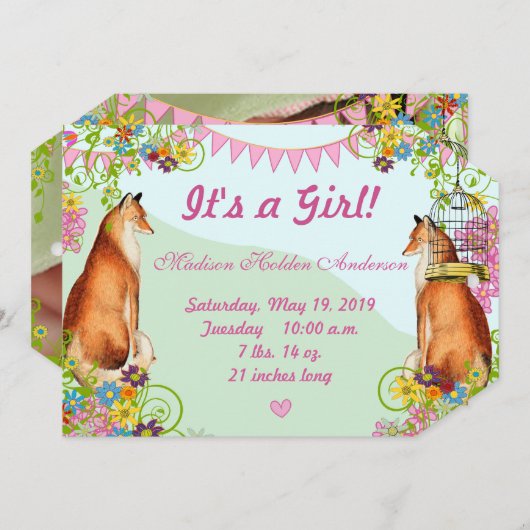 ヴィンテージキツネバンティンガーデンベビーガールアナウンス 案内状 (正面/裏面)